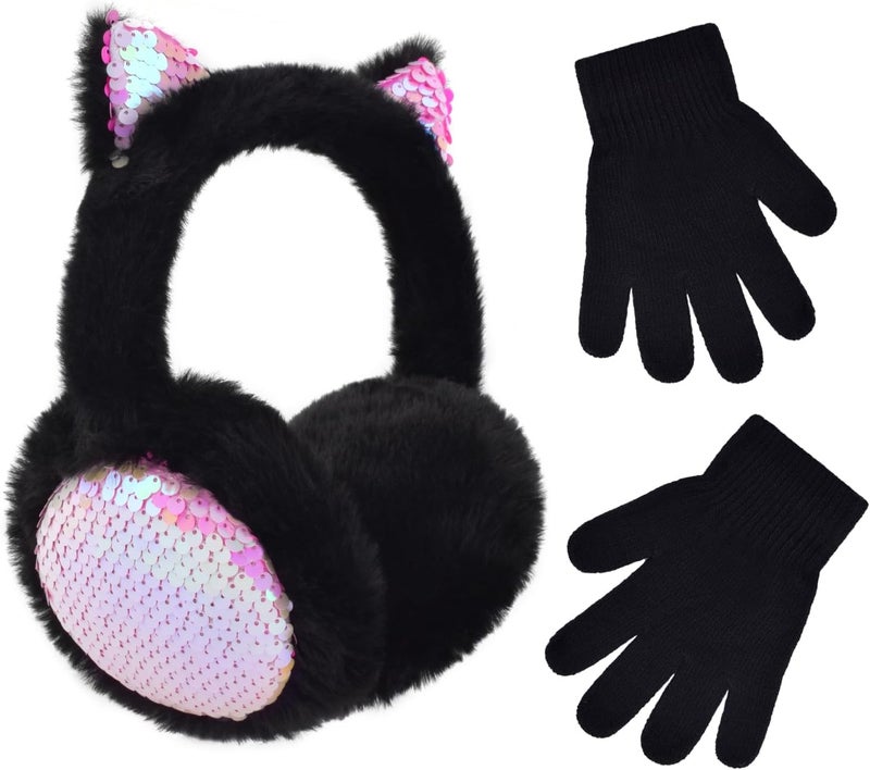 EDCYF Ear Muffs Gloves Set for Kids Girls Winter Ear Muffs Adjustable Sequins Warm Earmuffs Furry Outdoor - Image 1